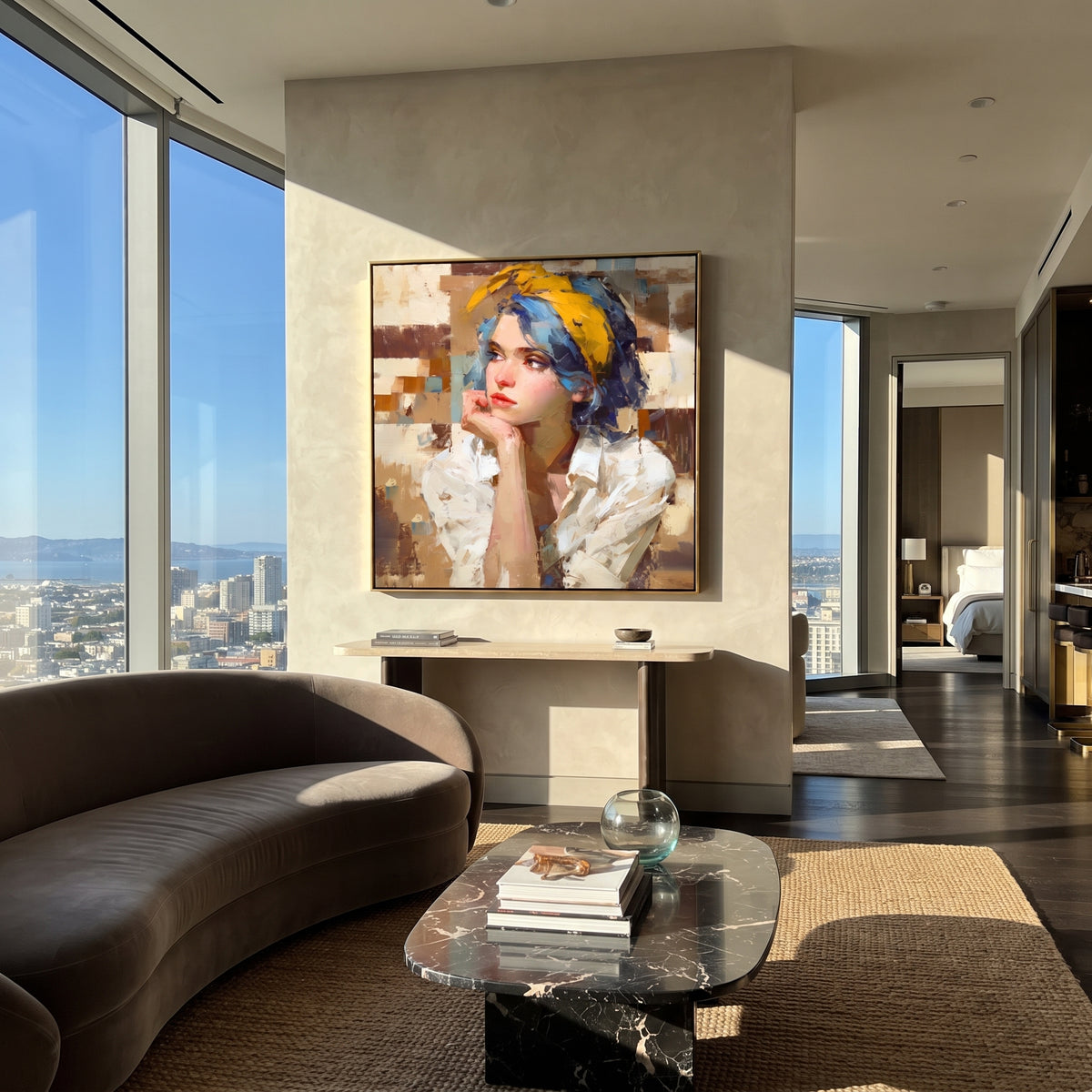 Blue Headwrap Holds Thought styled with neutral modern furnishings
