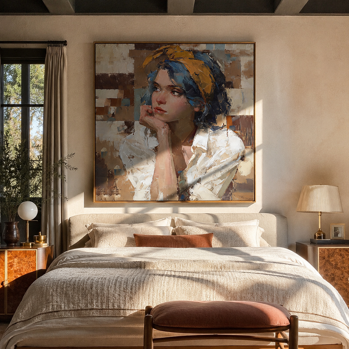 Blue Headwrap Holds Thought styled in a layered residential interior