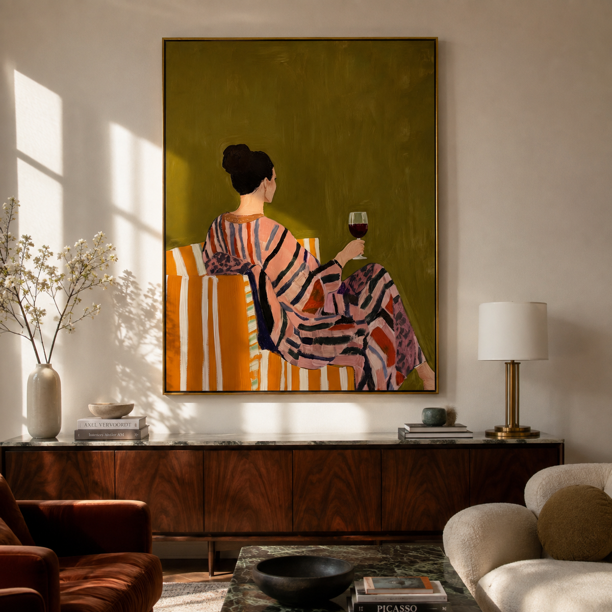 Red Wine Faces Mustard styled with neutral modern furnishings