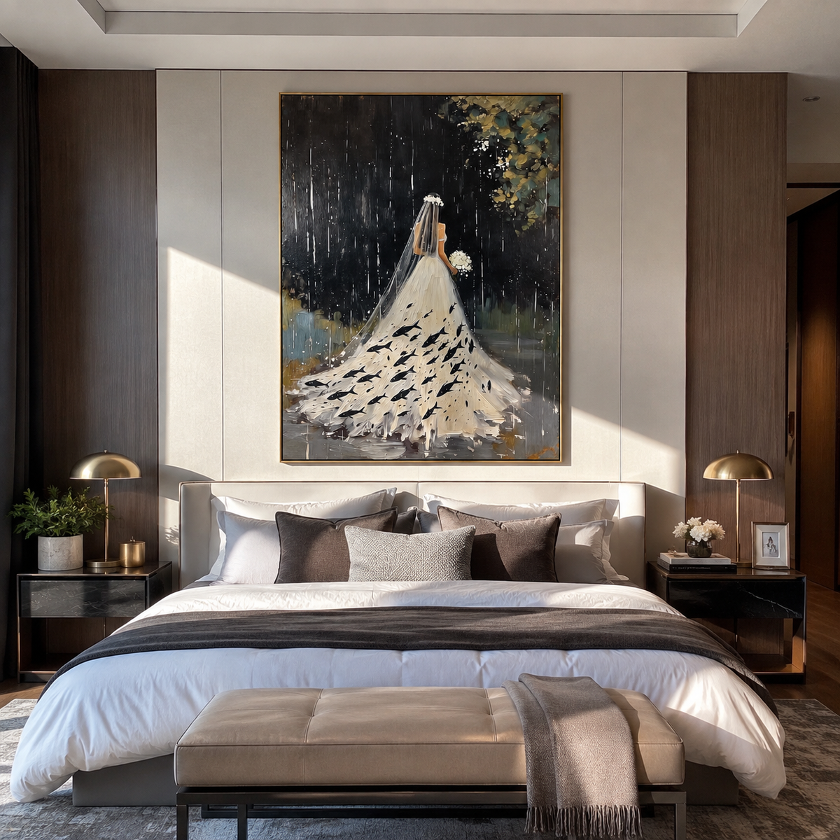 White Gown Finds Night displayed in a warm contemporary interior