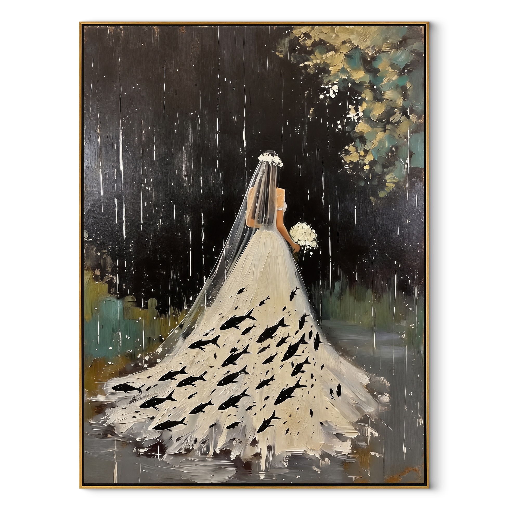 White Gown Finds Night textured figurative painting, vertical canvas artwork