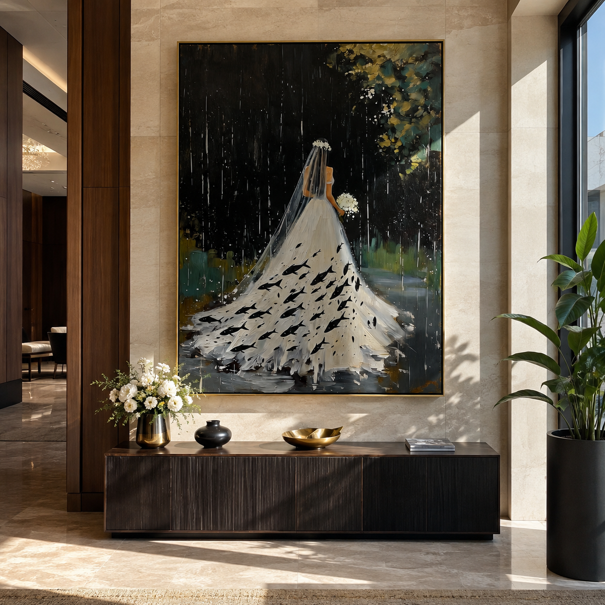 White Gown Finds Night styled with neutral modern furnishings