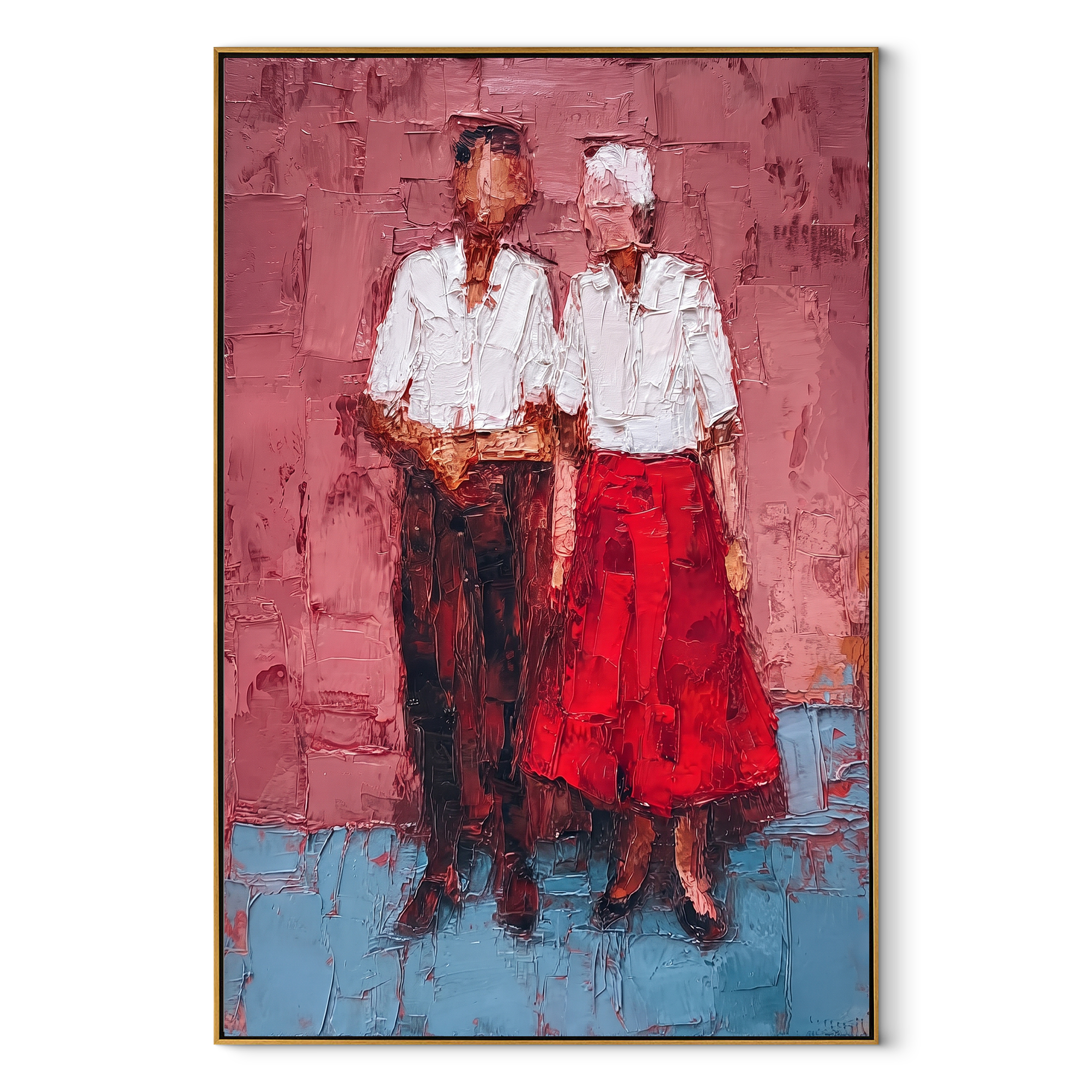 Two Women Wear Scarlet textured figurative painting, vertical canvas artwork