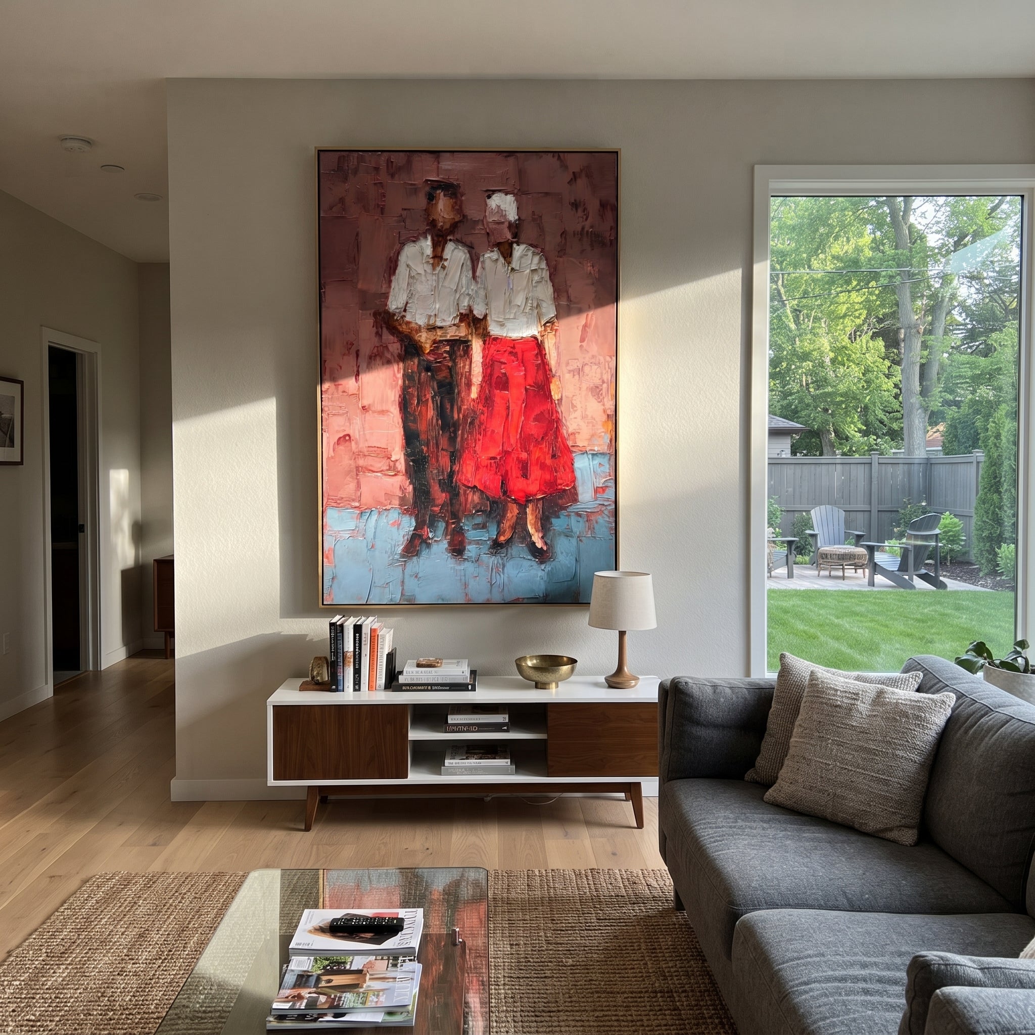 Two Women Wear Scarlet styled with neutral modern furnishings