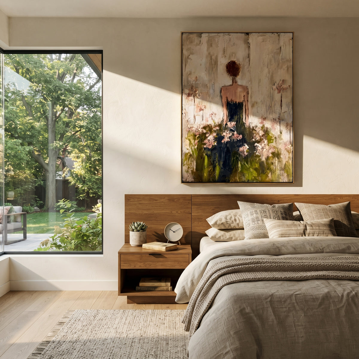 Flowers Rise Behind Silence – back facing floral woman, Retro Modern vertical wall art - displayed beside a bedroom dresser