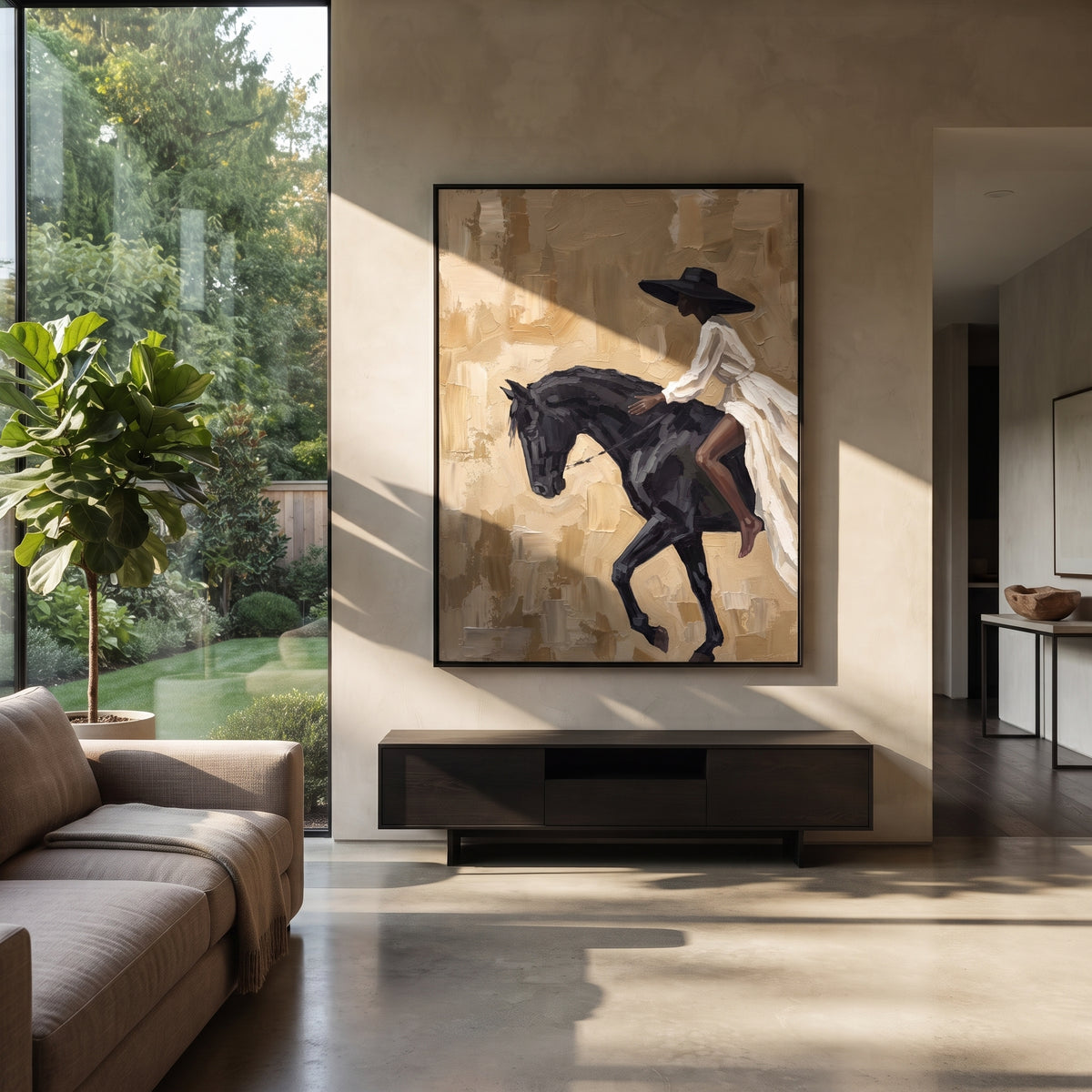 Black Horse Carries Whisper – woman riding black horse, Retro Modern vertical wall art - displayed through an entryway