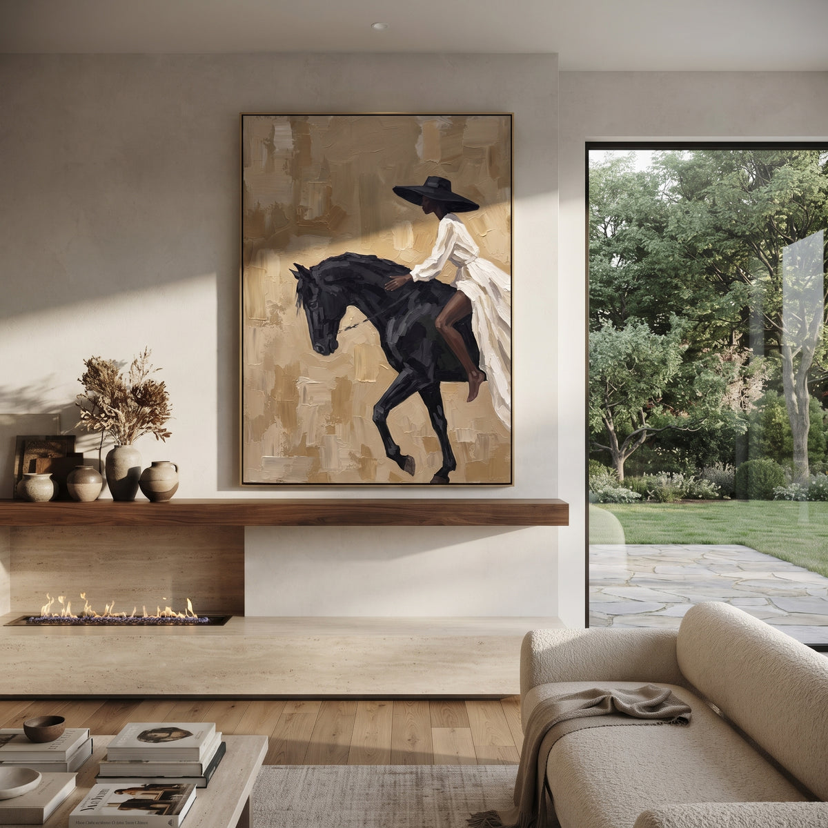 Black Horse Carries Whisper – woman riding black horse, Retro Modern vertical wall art - displayed along a stair landing