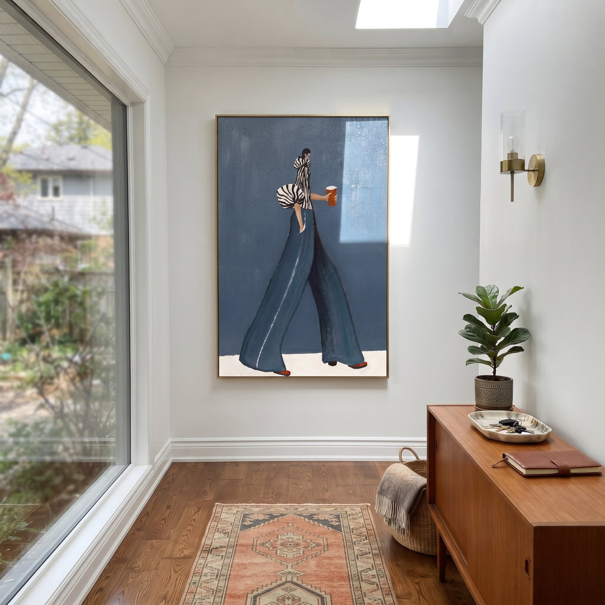 Long Trousers Carry Coffee – fashion woman holding cup, Retro Modern vertical wall art - displayed beside a bedroom dresser