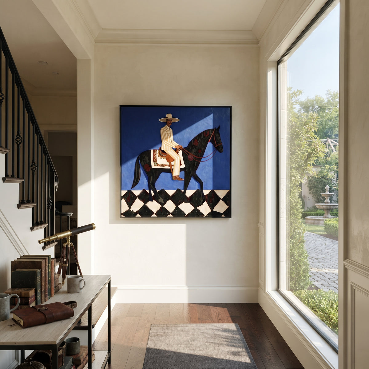 Blue Evening Carries Rider – cowboy on black horse, Retro Modern square wall art - displayed on a calm bedroom wall