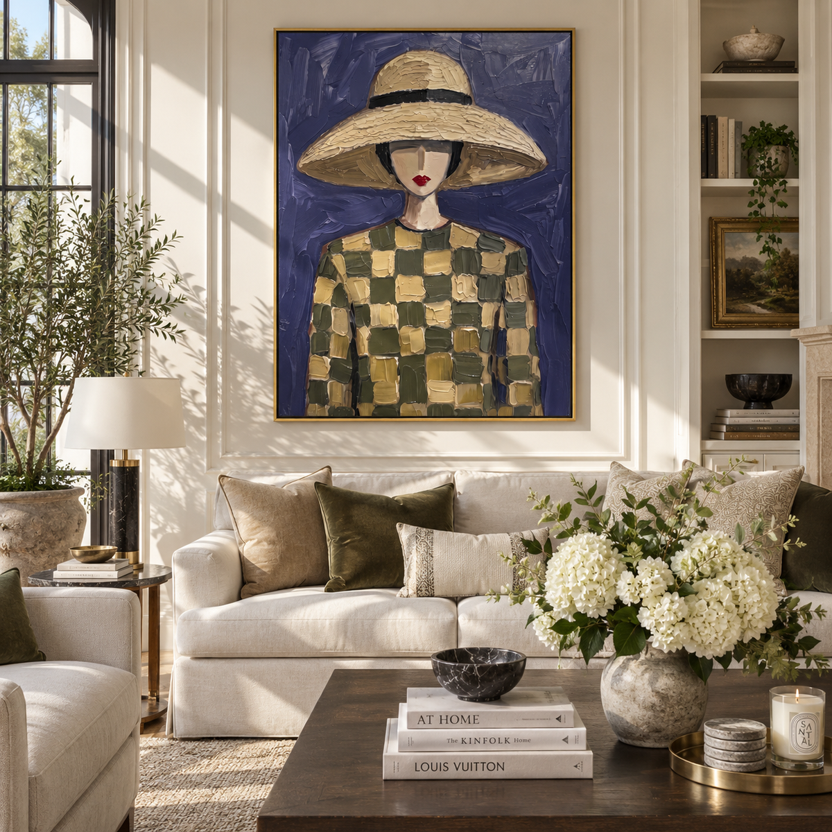 Straw Shadow Meets Violet – checkered hat woman portrait, Retro Modern vertical wall art - displayed beside a bedroom dresser