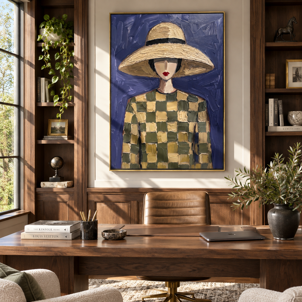 Straw Shadow Meets Violet – checkered hat woman portrait, Retro Modern vertical wall art - displayed through an entryway
