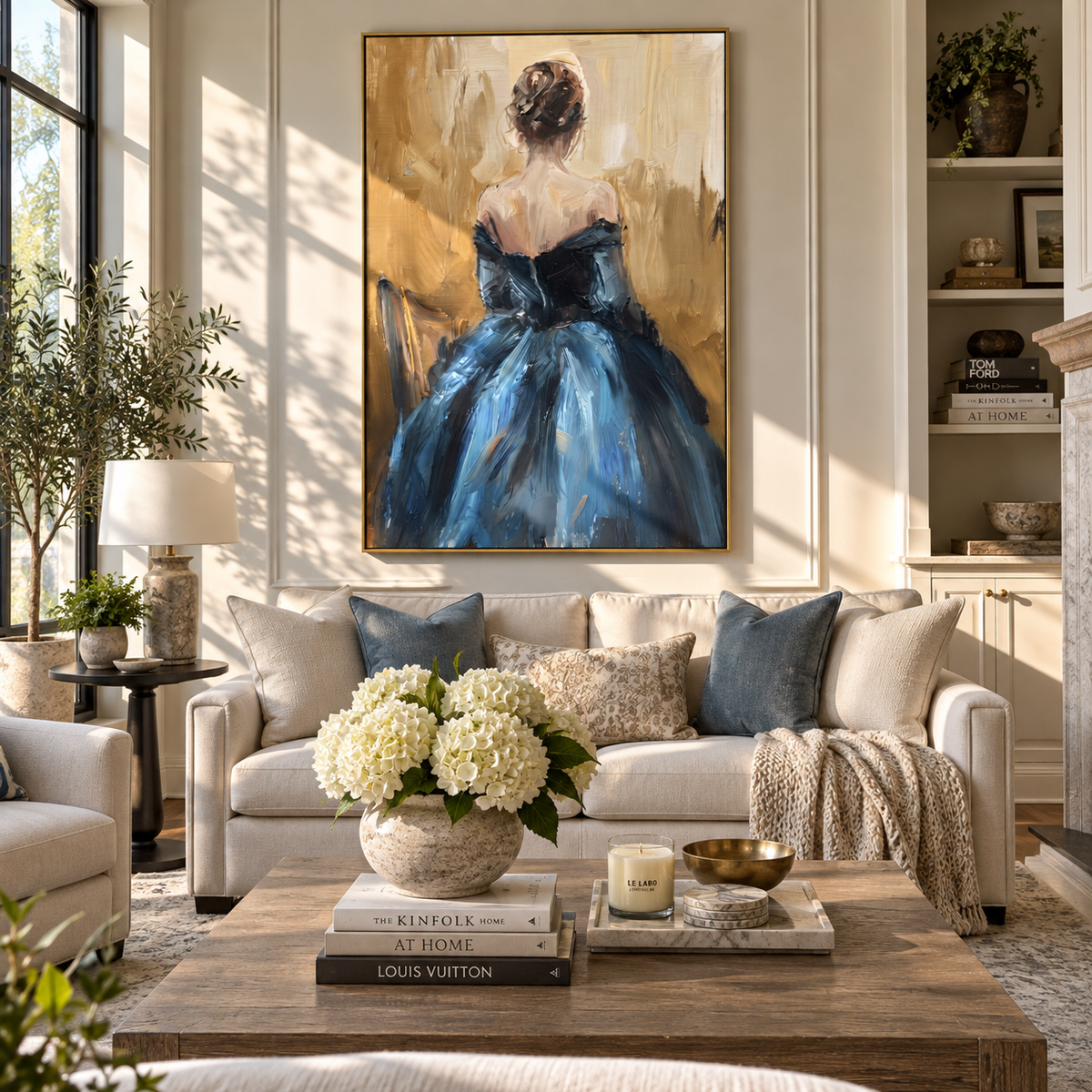Blue Gown Faces Dawn – back facing blue gown woman, Retro Modern vertical wall art - displayed in a quiet reading corner