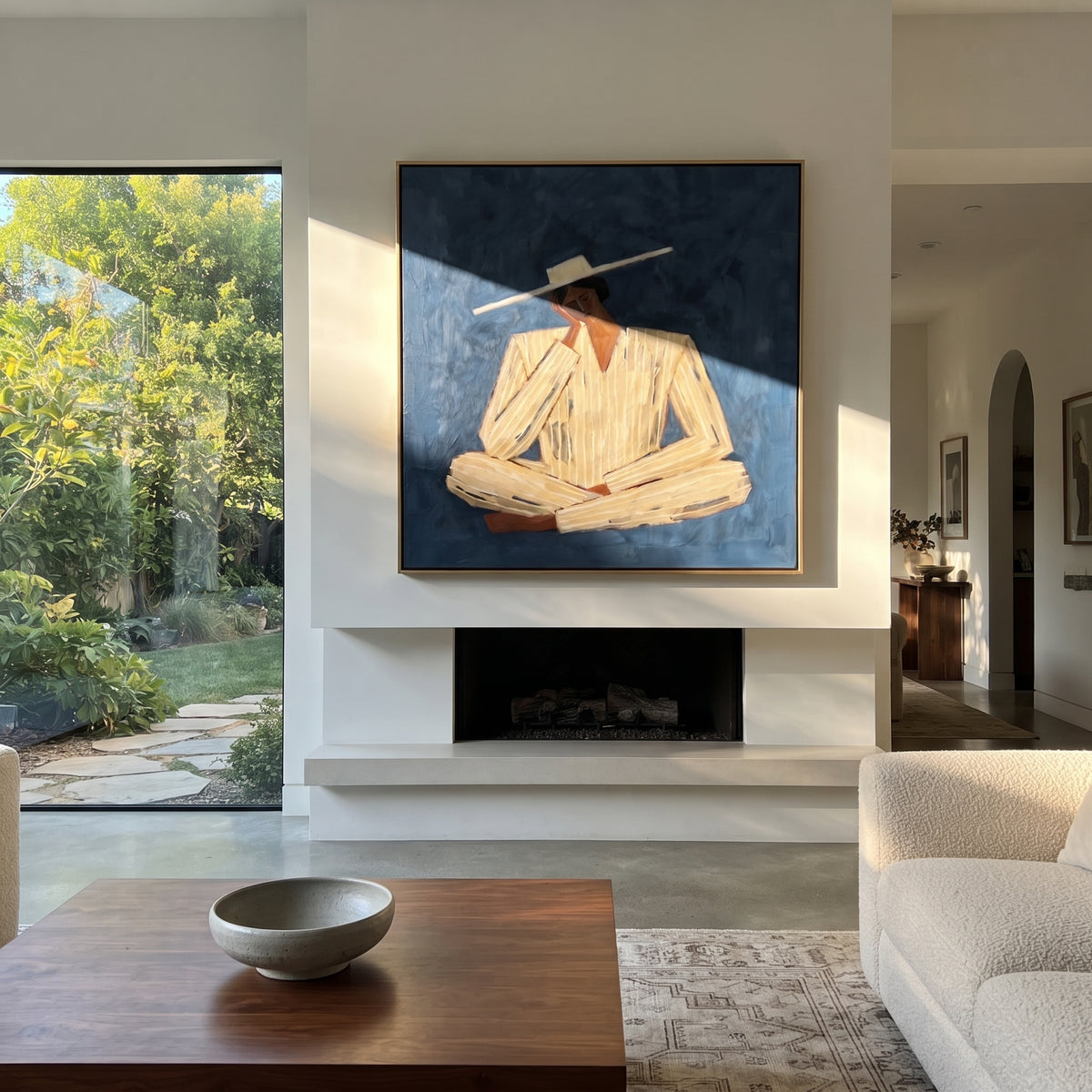 Wide Hat Holds Blue – seated ivory fashion figure, Retro Modern square wall art - displayed in a collected modern lounge