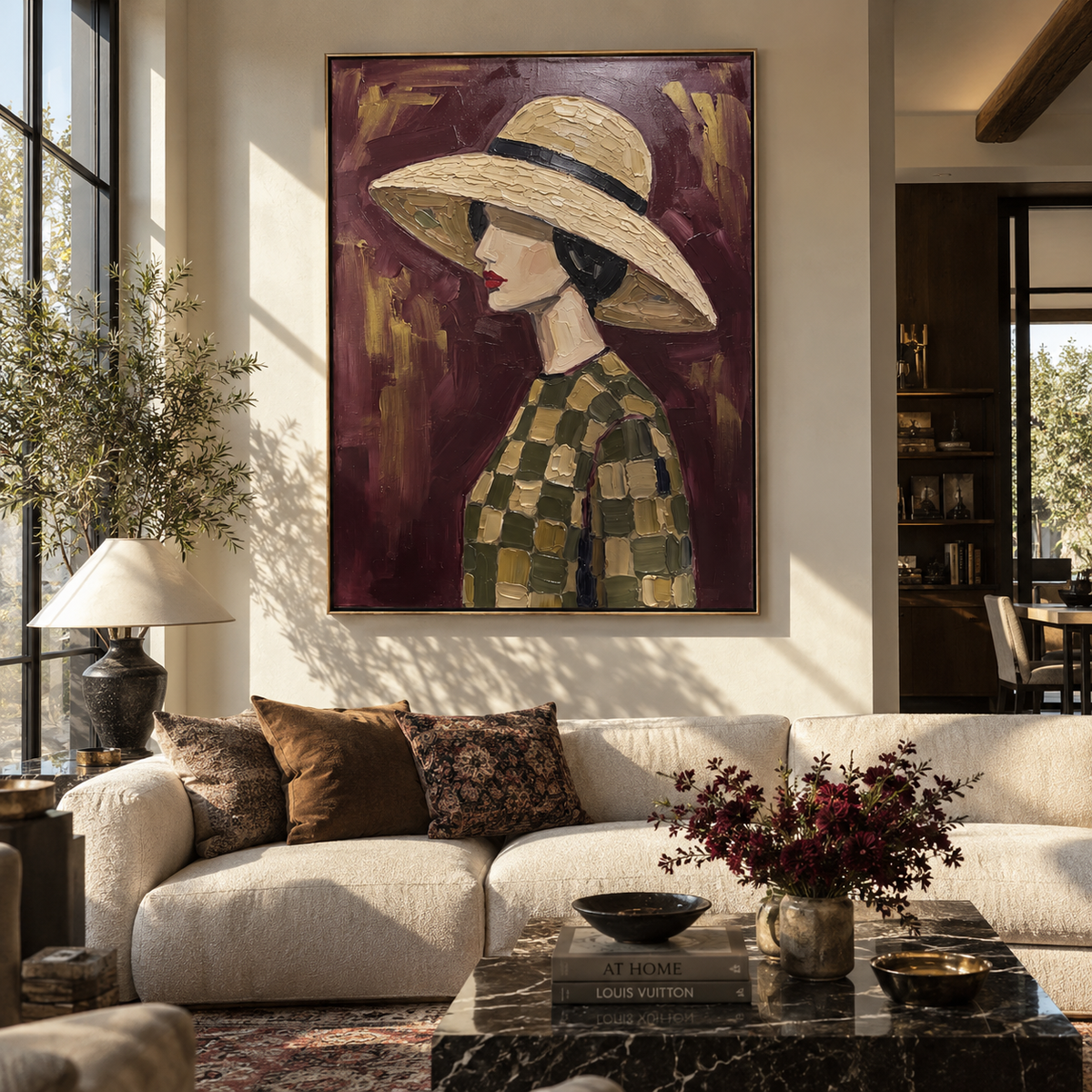 Olive Checks Face Burgundy – checkered hat woman portrait, Retro Modern vertical wall art - displayed beside a bedroom dresser