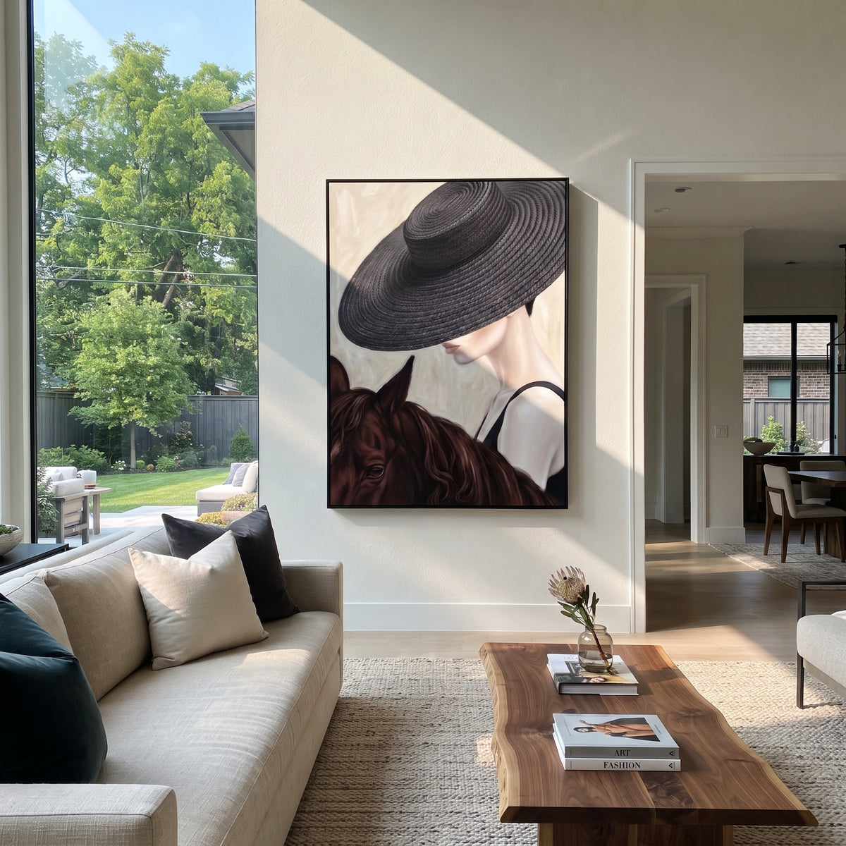 Black Brim Meets Chestnut – woman with horse portrait, Retro Modern vertical wall art - displayed through an entryway