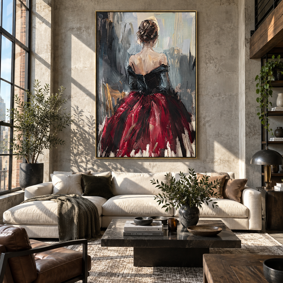 Burgundy Skirt Faces Rain – back facing gown woman, Retro Modern vertical wall art - displayed in a quiet reading corner