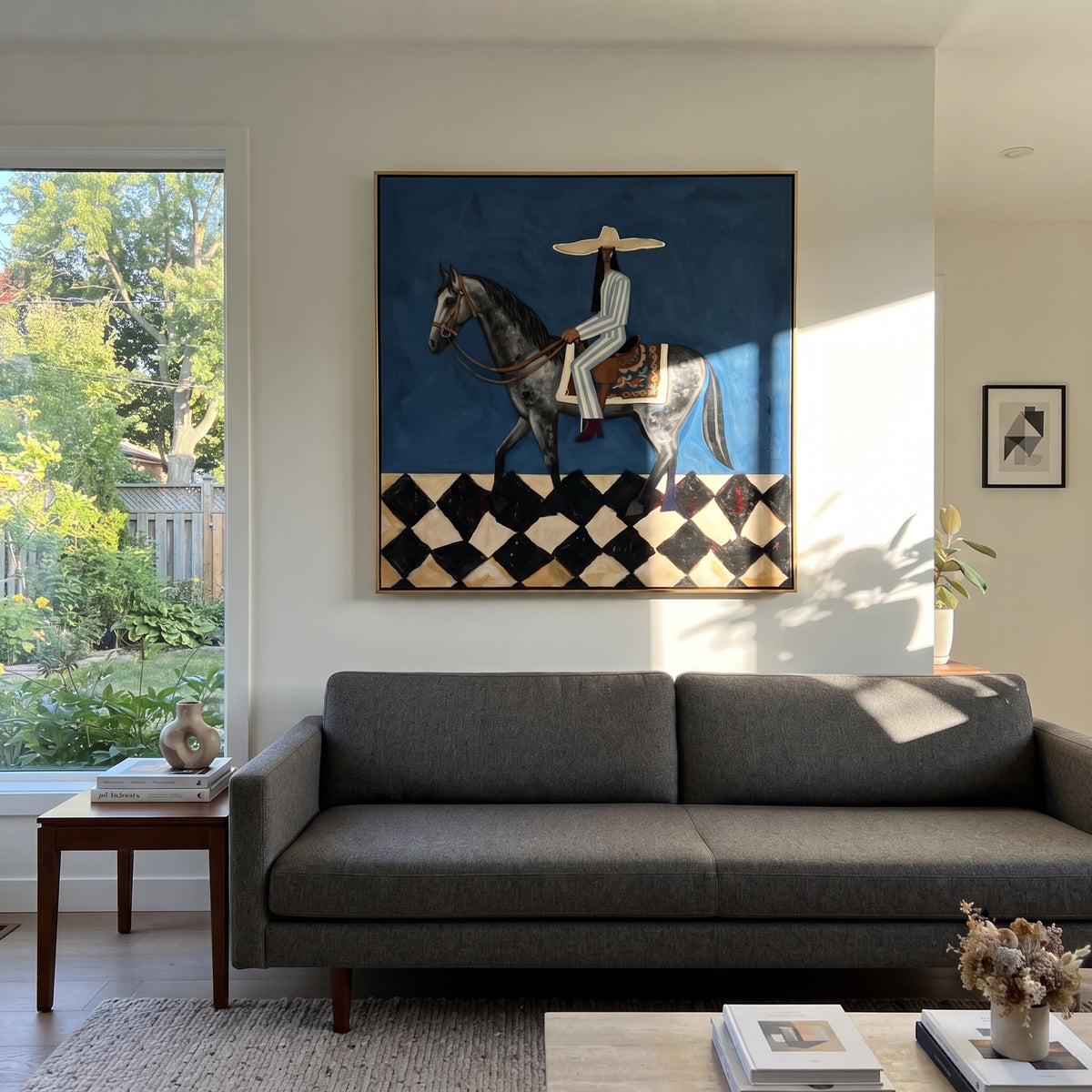 Gray Hooves Carry Blue – woman riding gray horse, Retro Modern square wall art - displayed above a living room console