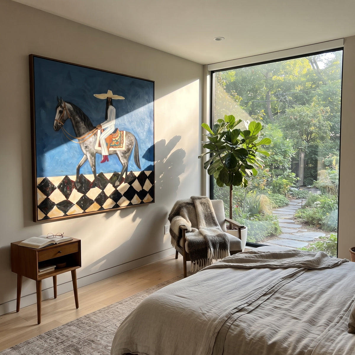 Gray Hooves Carry Blue – woman riding gray horse, Retro Modern square wall art - displayed over a low oak cabinet