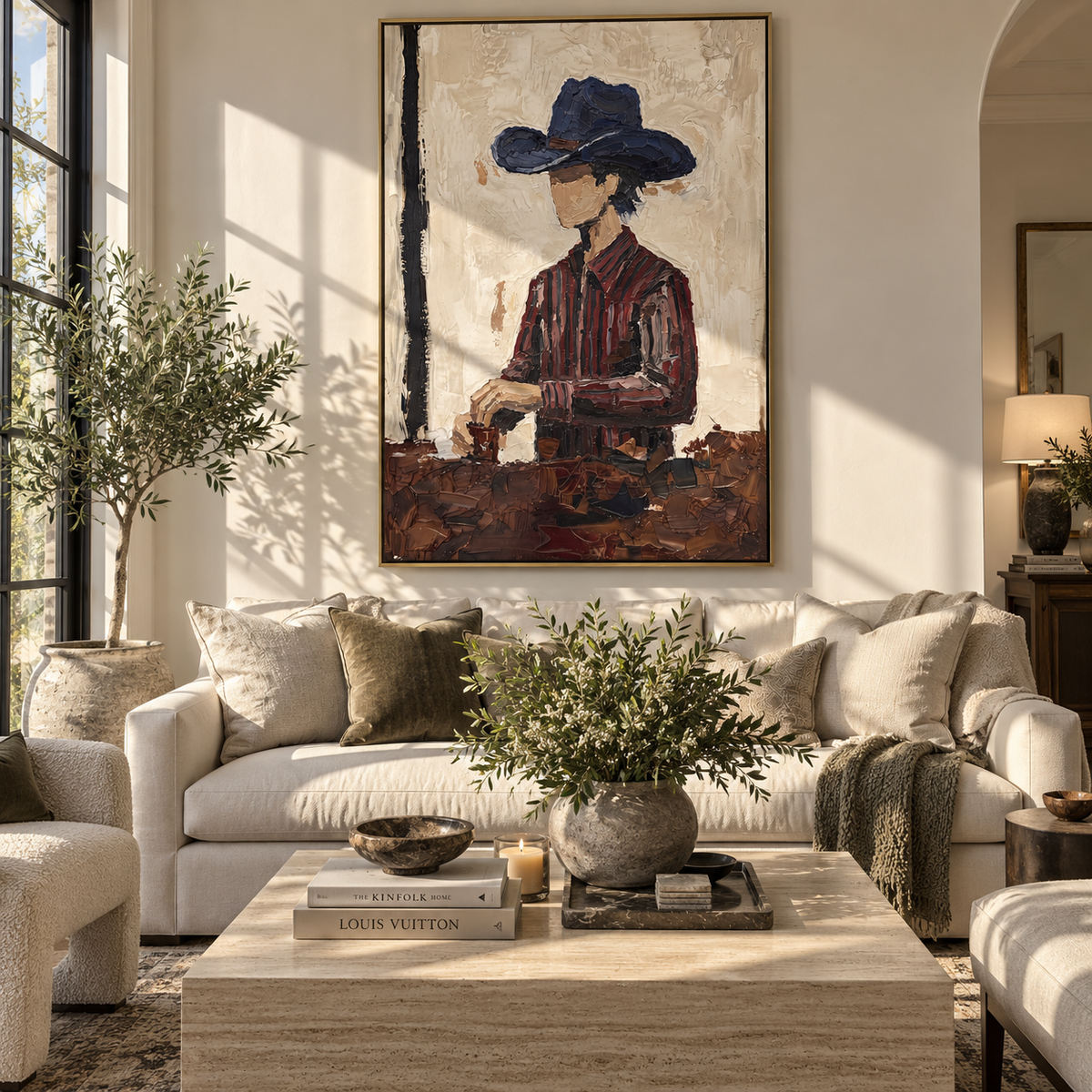 Black Hat Keeps Watch – seated western man, Retro Modern vertical wall art - displayed beside a bedroom dresser