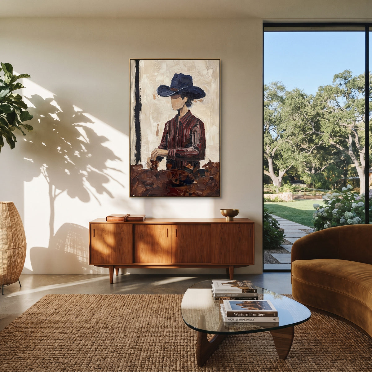Black Hat Keeps Watch – seated western man, Retro Modern vertical wall art - displayed along a stair landing