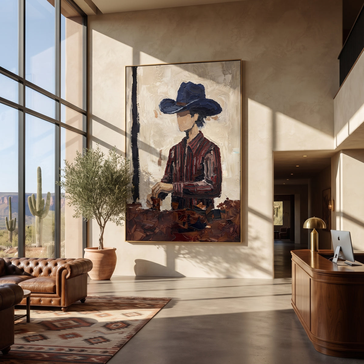 Black Hat Keeps Watch – seated western man, Retro Modern vertical wall art - displayed above a narrow living room console