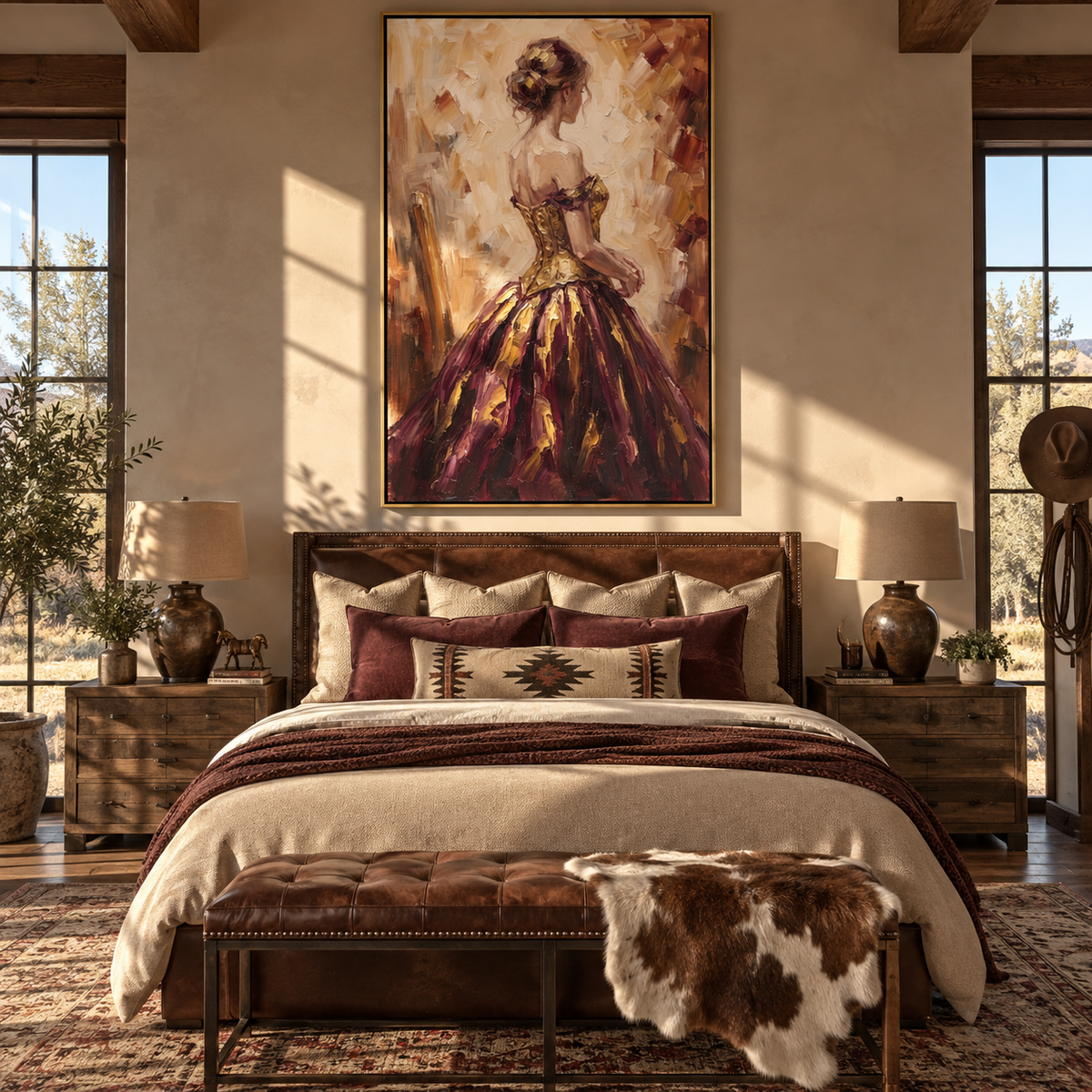 Golden Gown Turns Light – woman in golden ball gown, Retro Modern vertical wall art - displayed in a quiet reading corner