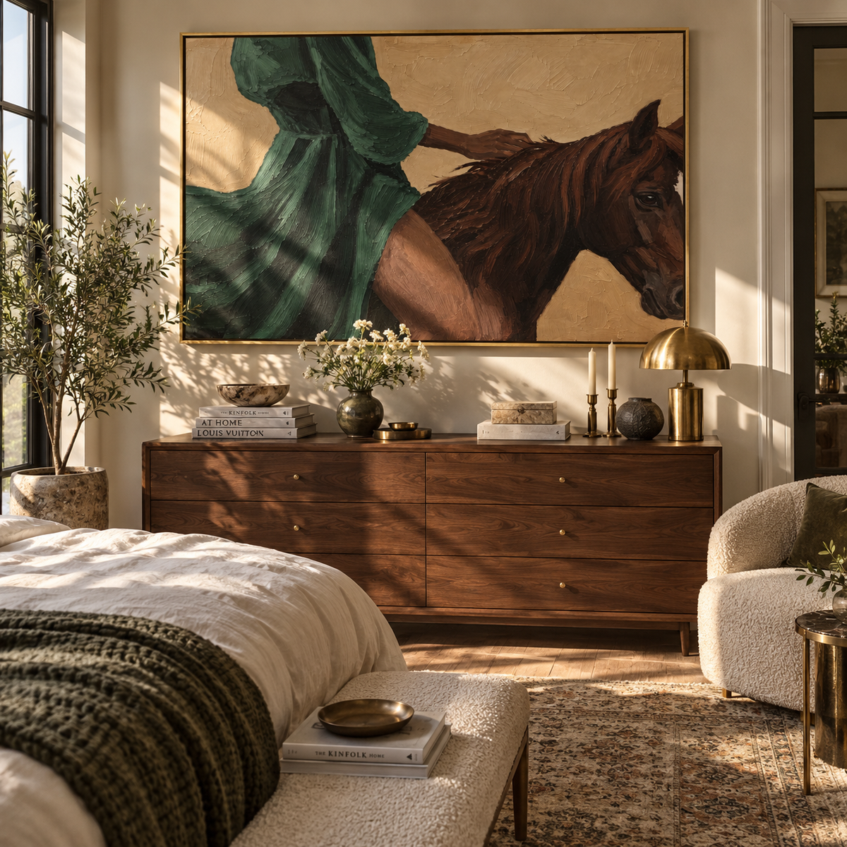Emerald Sleeve Guides Chestnut – woman riding chestnut horse, Retro Modern horizontal wall art - displayed above a long oak cabinet