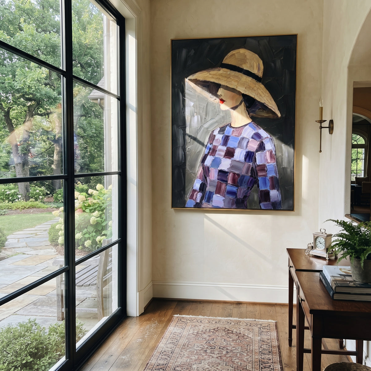 Blue Checks Shelter Her – checkered hat woman portrait, Retro Modern vertical wall art - displayed beside a bedroom dresser