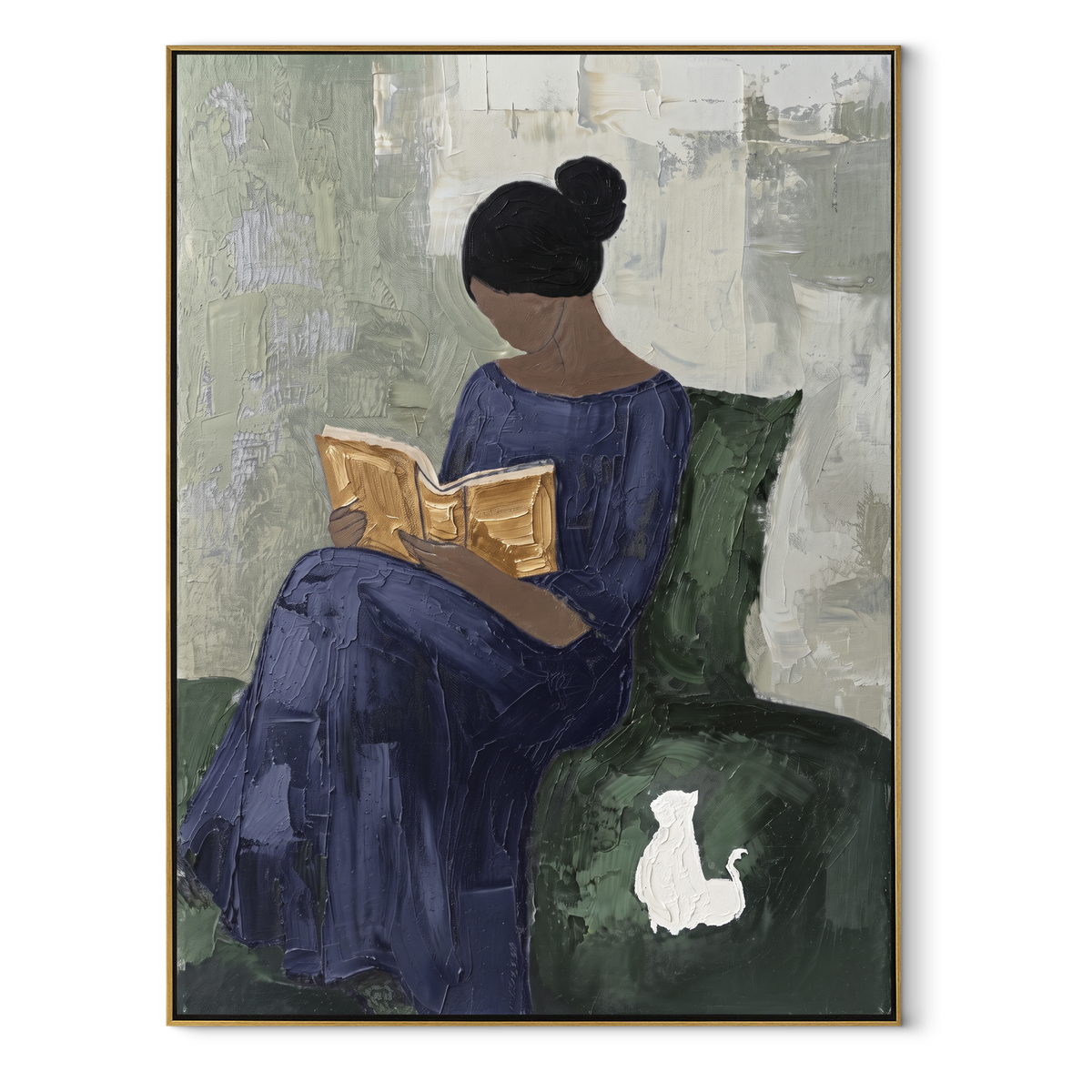 White Cat Guards Pages – woman reading with cat, Retro Modern vertical wall art - wood frame on white background