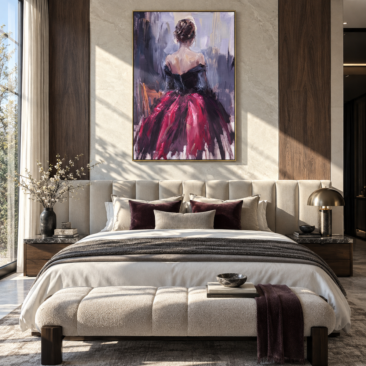 Crimson Skirt Faces Rain – back facing red gown woman, Retro Modern vertical wall art - displayed beside a bedroom dresser