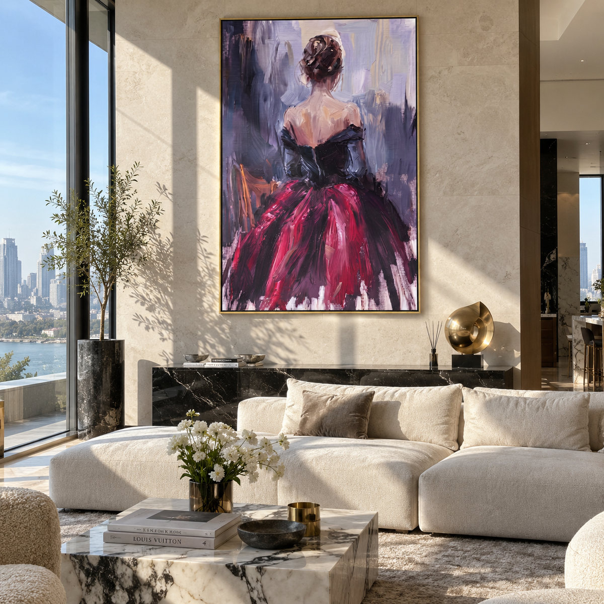 Crimson Skirt Faces Rain – back facing red gown woman, Retro Modern vertical wall art - displayed in a quiet reading corner