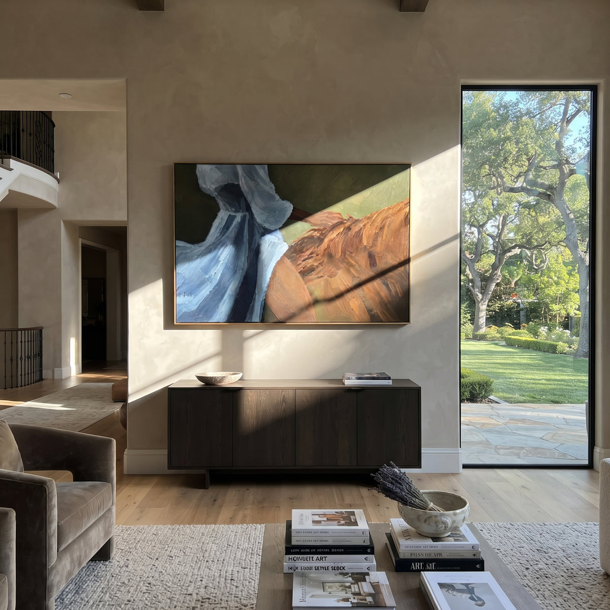 Blue Dress Meets Chestnut – woman riding chestnut horse, Retro Modern horizontal wall art - displayed beside a dining sideboard