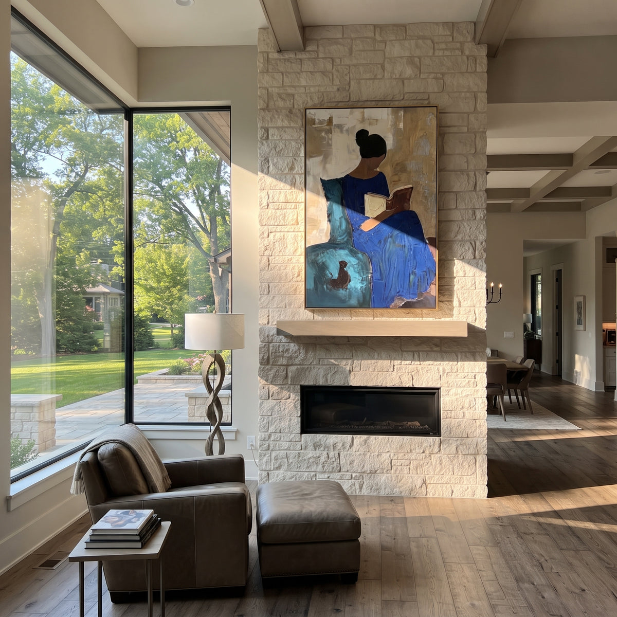 Dark Dog Waits Nearby – woman reading with dog, Retro Modern vertical wall art - displayed through an entryway