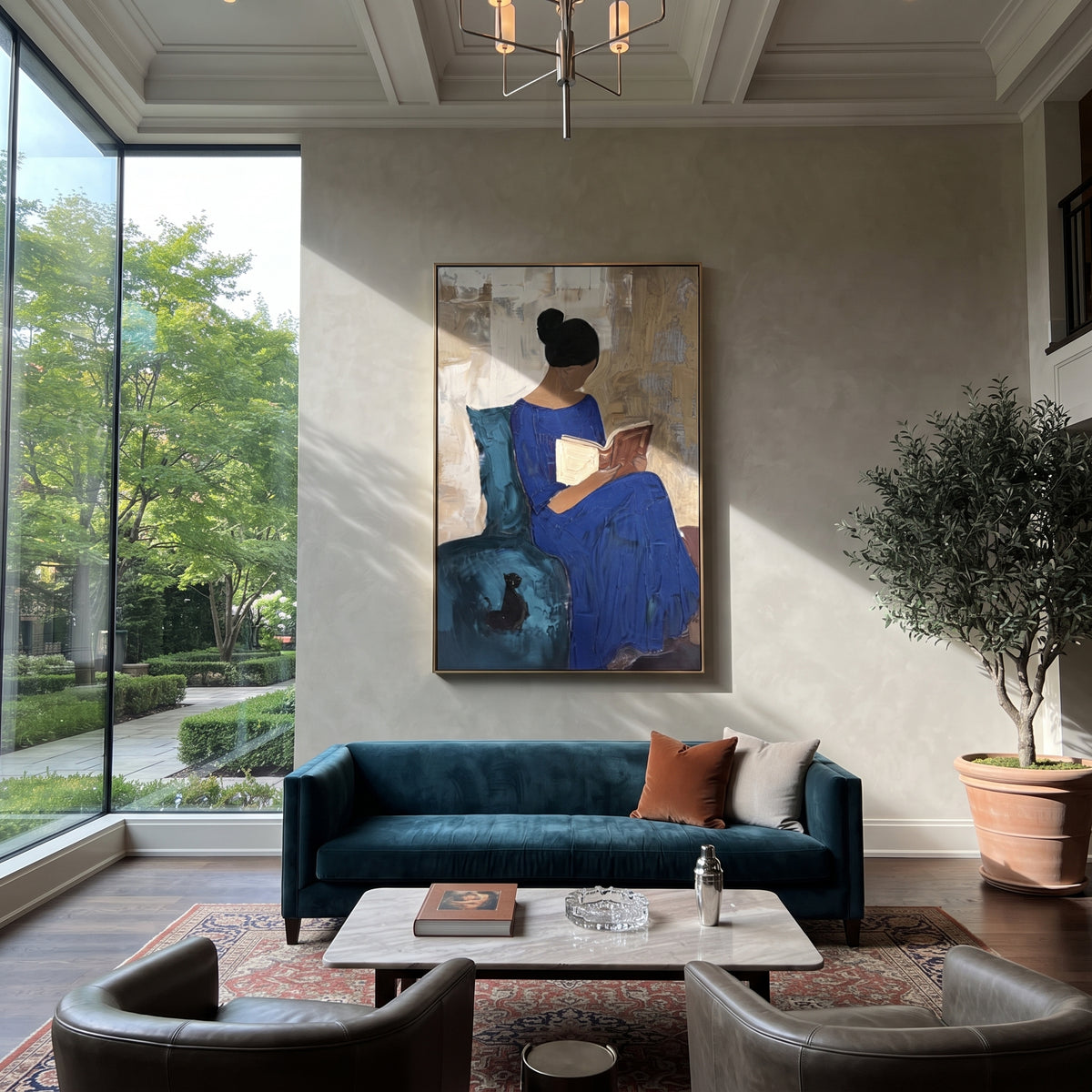 Dark Dog Waits Nearby – woman reading with dog, Retro Modern vertical wall art - displayed along a stair landing