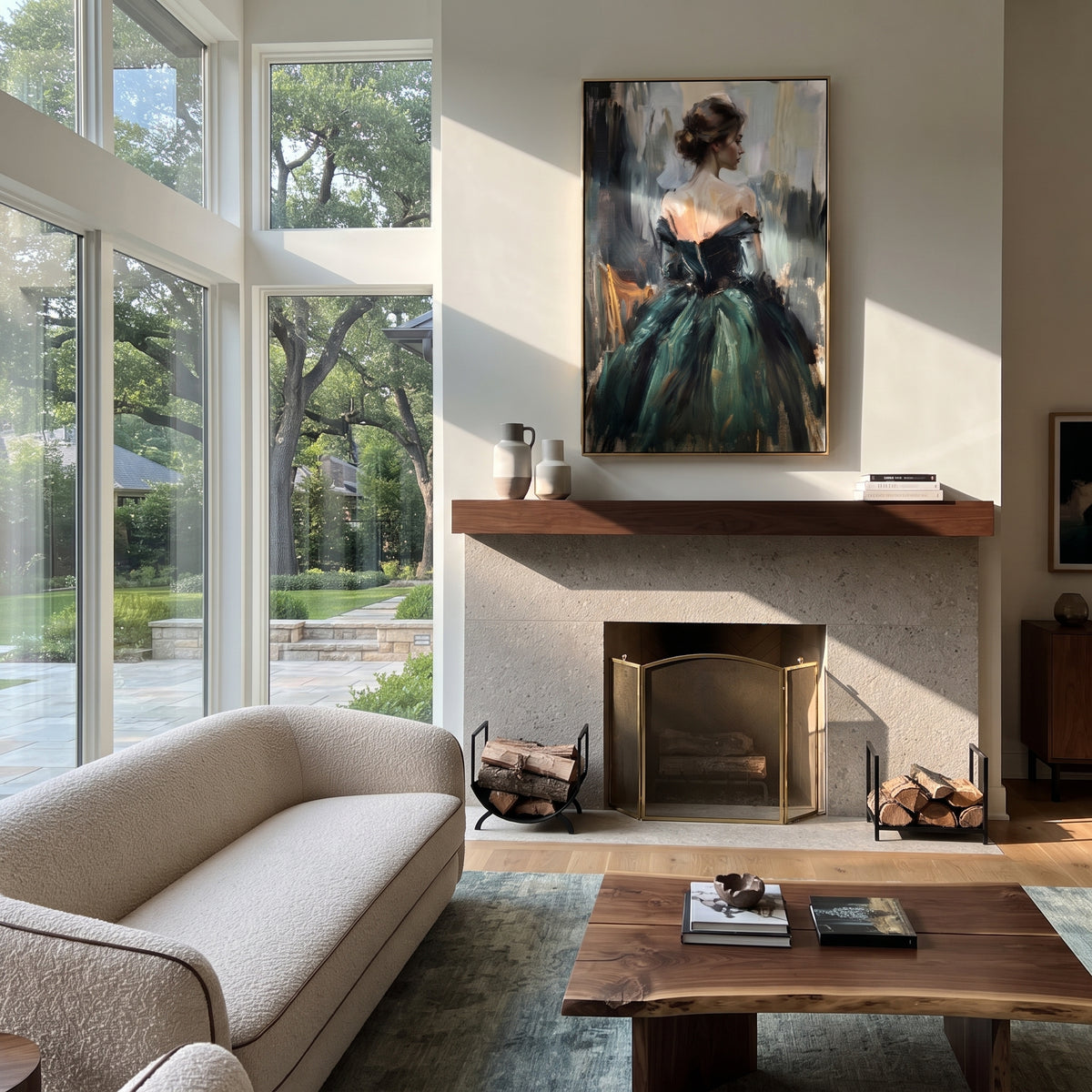 Green Gown Faces Rain – back facing green gown woman, Retro Modern vertical wall art - displayed above a narrow living room console