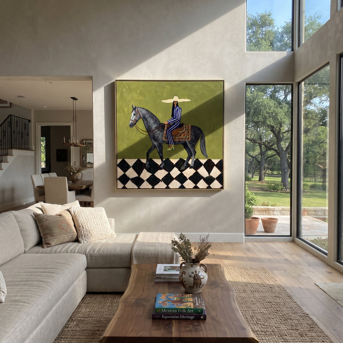 Gray Horse Crosses Green – woman riding gray horse, Retro Modern square wall art - displayed on a calm bedroom wall