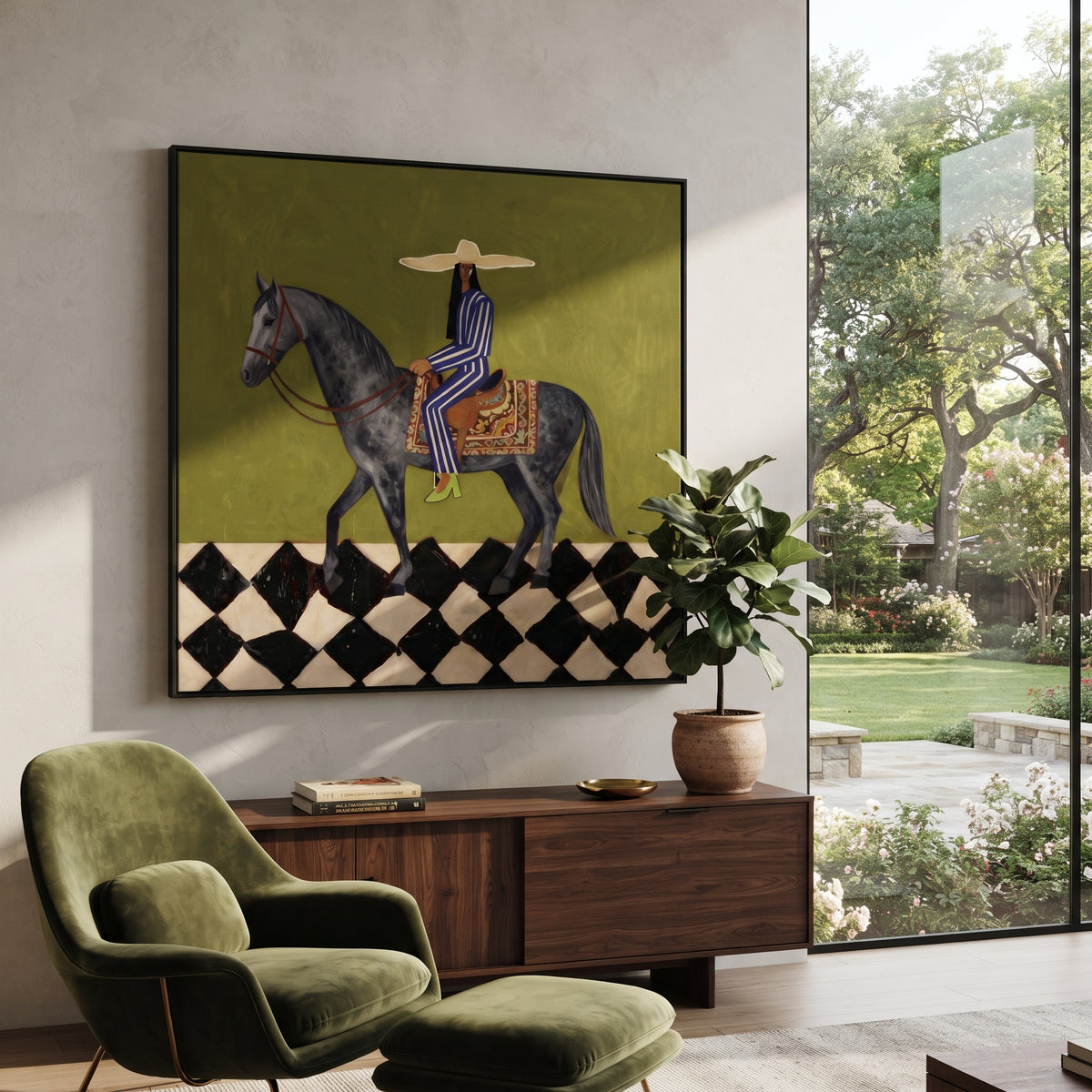 Gray Horse Crosses Green – woman riding gray horse, Retro Modern square wall art - displayed over a low oak cabinet