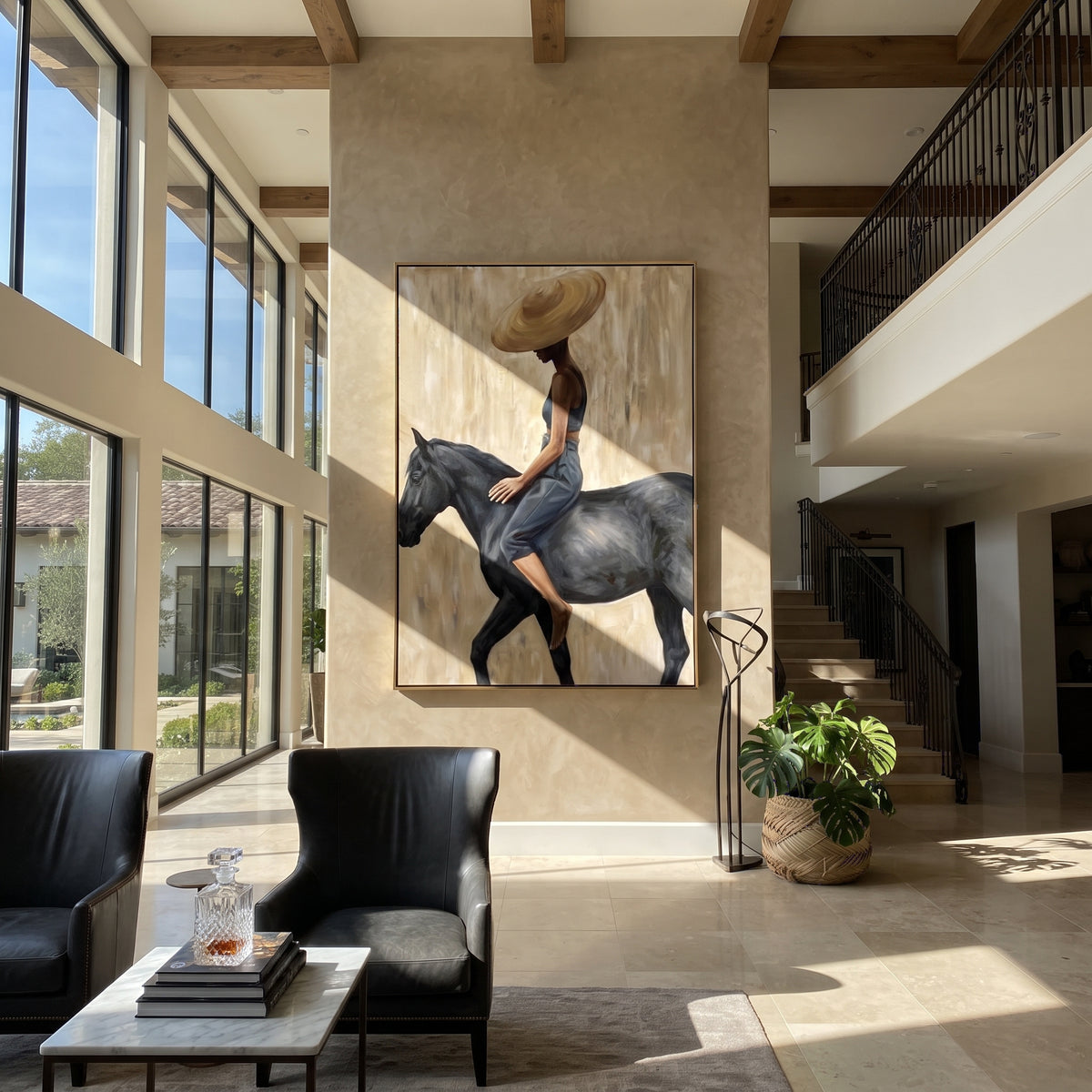 Quiet Rider Meets Ivory – woman riding black horse, Retro Modern vertical wall art - displayed along a stair landing