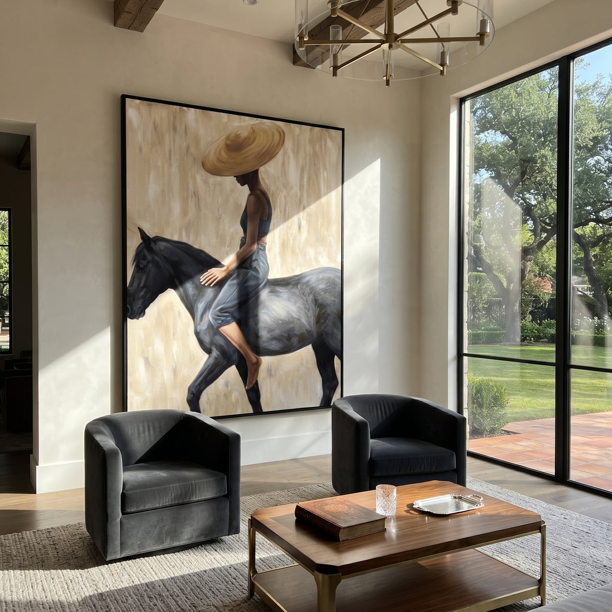 Quiet Rider Meets Ivory – woman riding black horse, Retro Modern vertical wall art - displayed in a quiet reading corner
