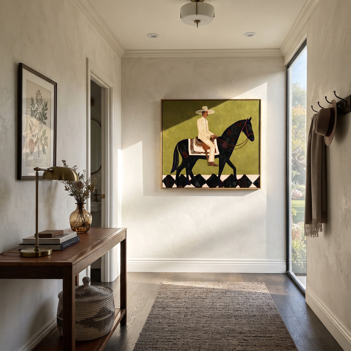 Black Horse Measures Green – cowboy on black horse, Retro Modern square wall art - displayed over a low oak cabinet