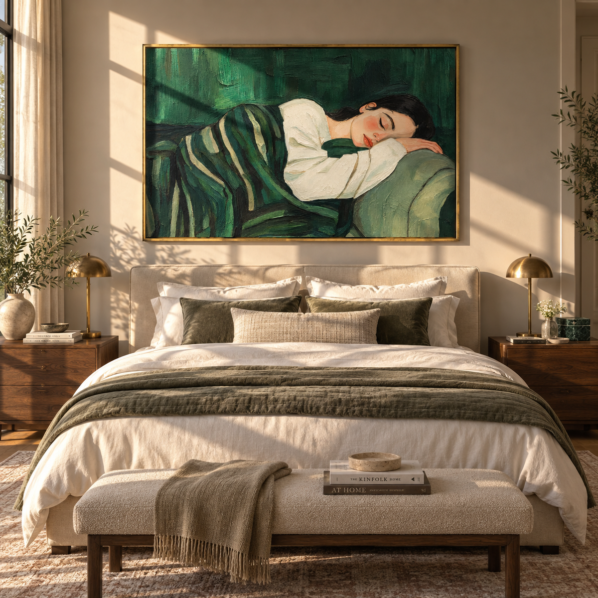 Green Cushions Keep Sleep – sleeping woman on green sofa, Retro Modern horizontal wall art - displayed above a living room sofa