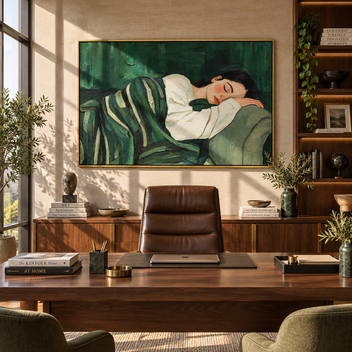 Green Cushions Keep Sleep – sleeping woman on green sofa, Retro Modern horizontal wall art - displayed above a long oak cabinet