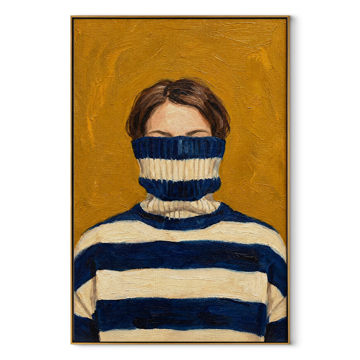 Navy Collar Hides Her – striped turtleneck woman portrait, Retro Modern vertical wall art - wood frame on white background