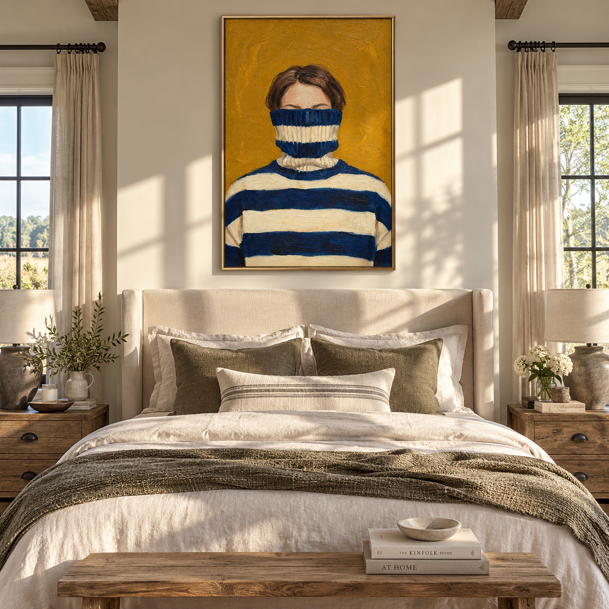 Navy Collar Hides Her – striped turtleneck woman portrait, Retro Modern vertical wall art - displayed in a quiet reading corner