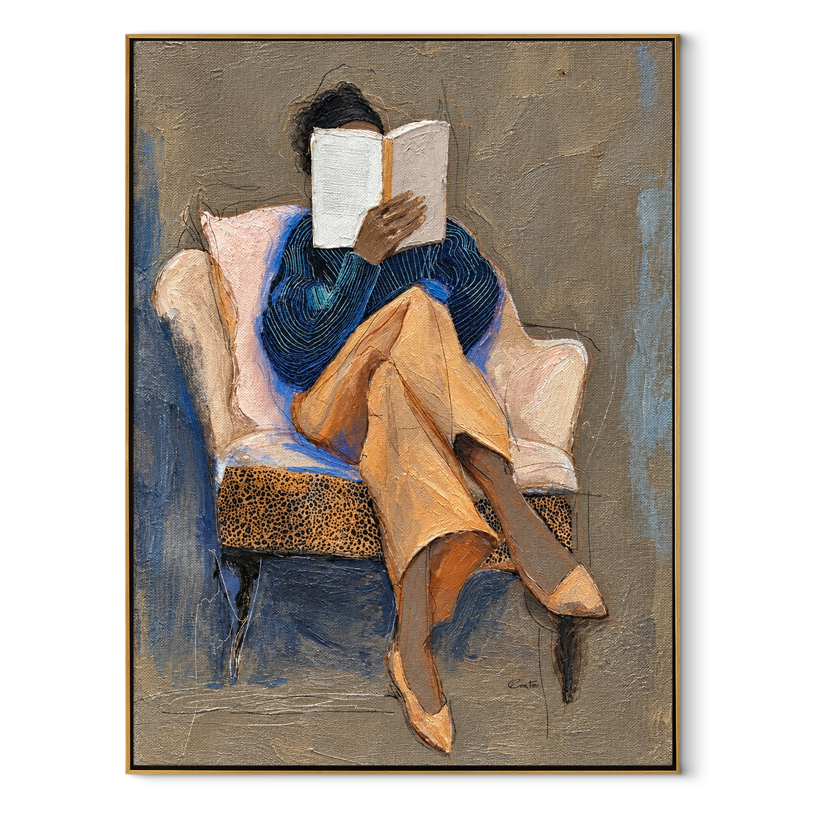 Open Pages Hold Noon – seated woman reading book, Retro Modern vertical wall art - wood frame on white background