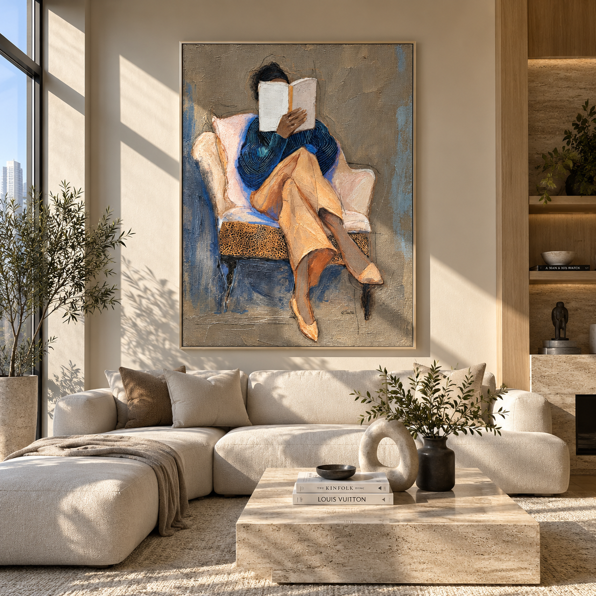 Open Pages Hold Noon – seated woman reading book, Retro Modern vertical wall art - displayed above a narrow living room console