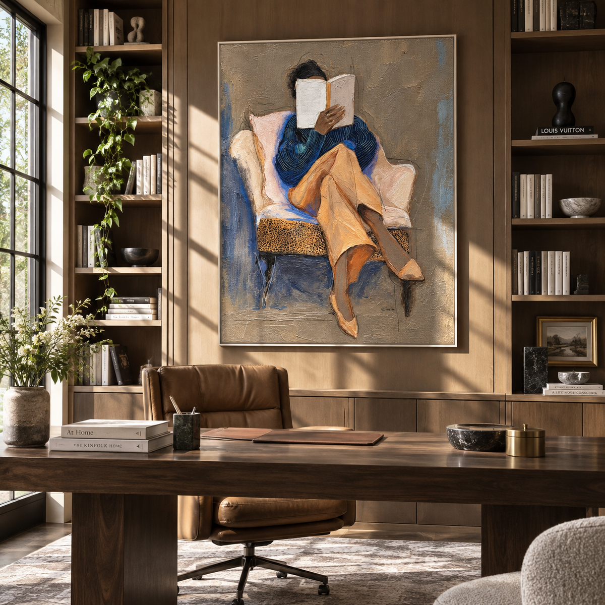 Open Pages Hold Noon – seated woman reading book, Retro Modern vertical wall art - displayed in a quiet reading corner