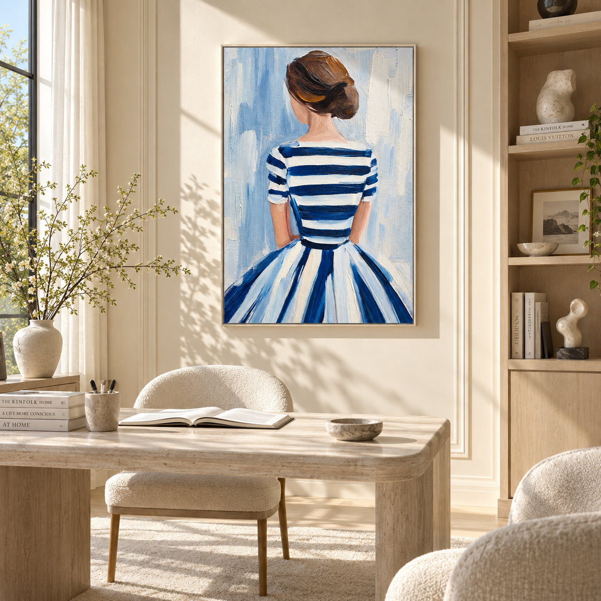Blue Stripes Face Morning – back facing striped dress woman, Retro Modern vertical wall art - displayed beside a bedroom dresser