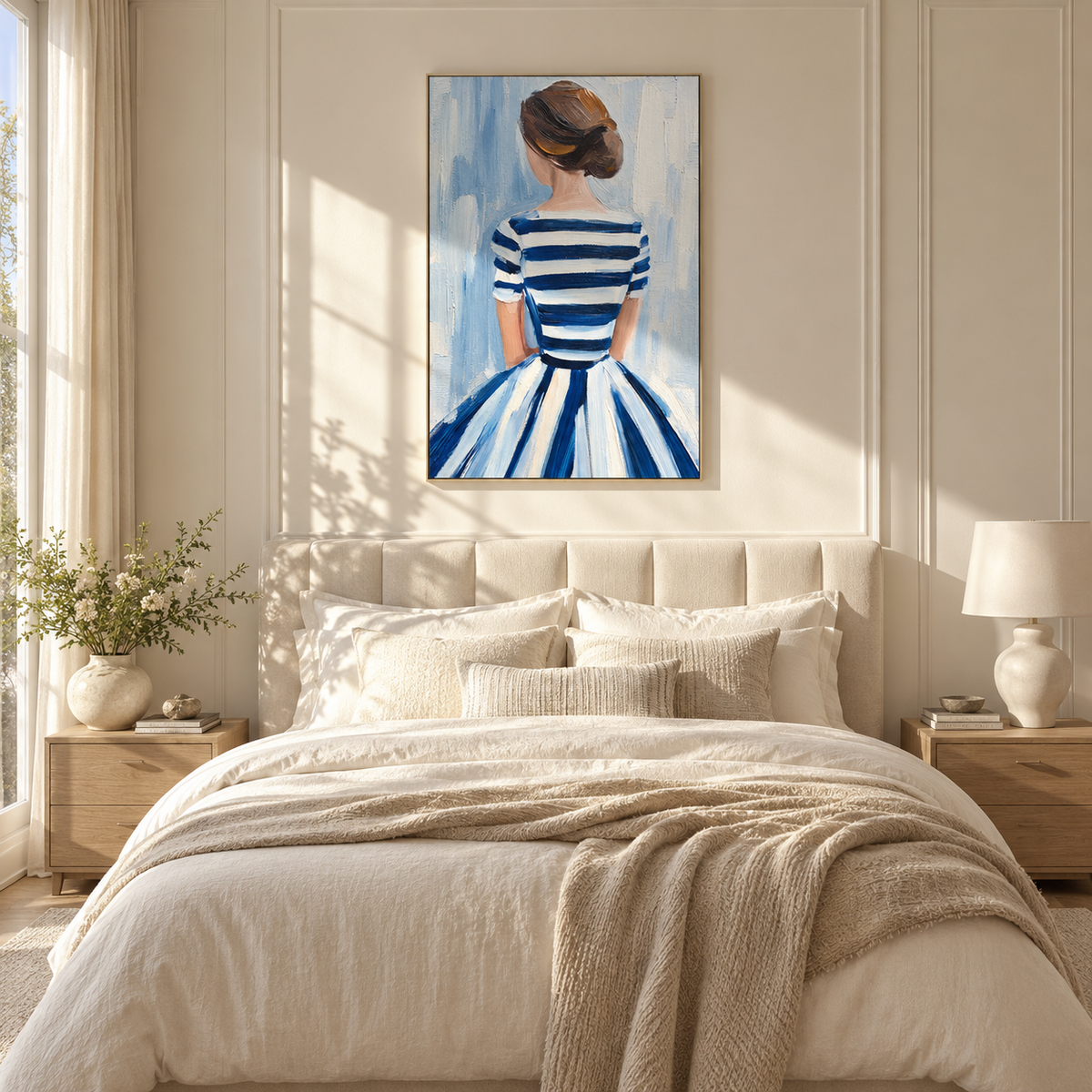 Blue Stripes Face Morning – back facing striped dress woman, Retro Modern vertical wall art - displayed through an entryway