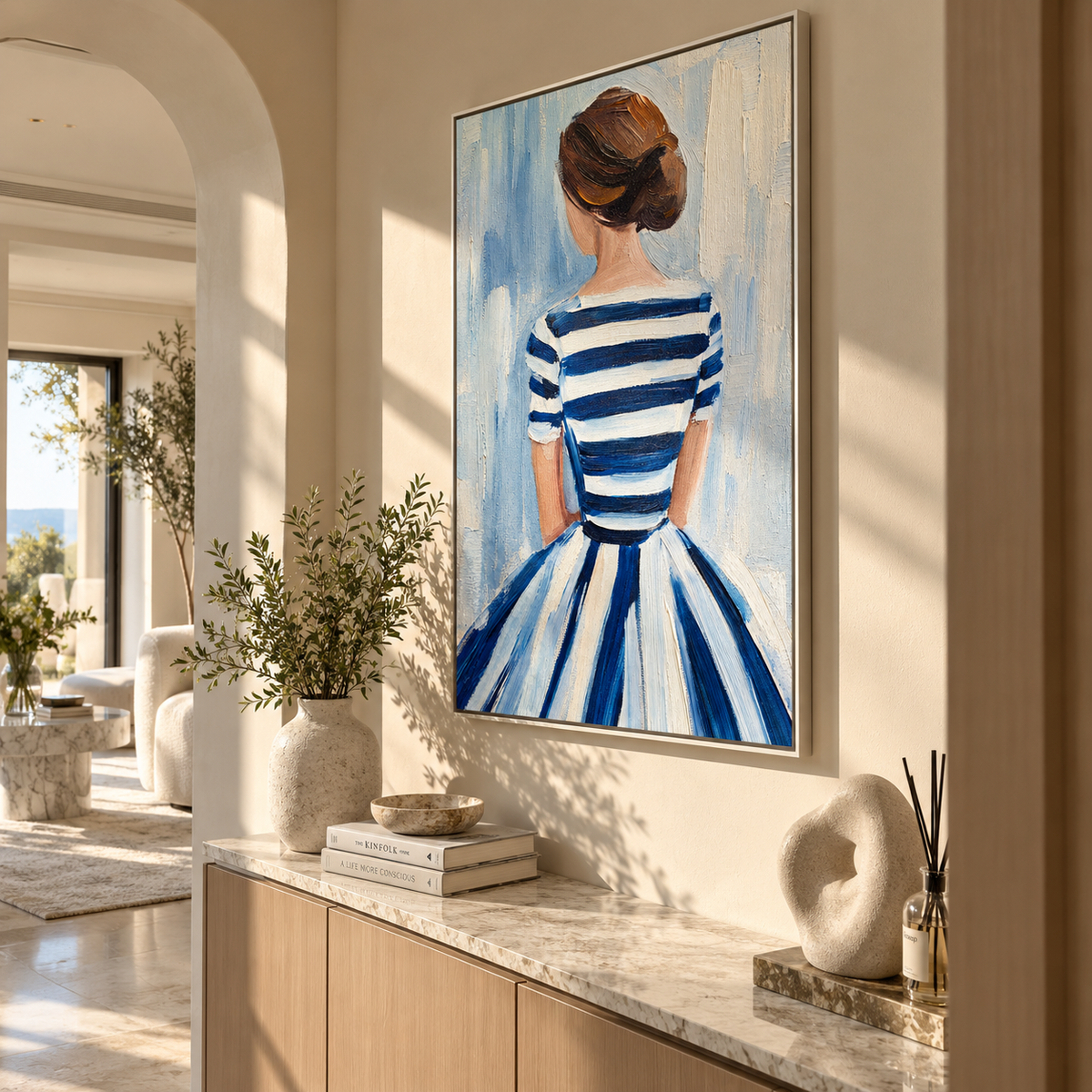 Blue Stripes Face Morning – back facing striped dress woman, Retro Modern vertical wall art - displayed above a narrow living room console
